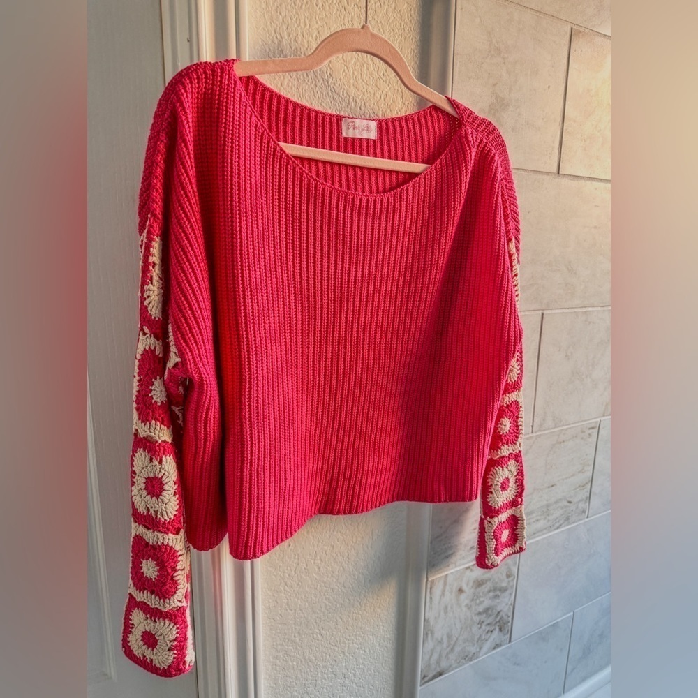 Pink Lily Fuchsia Crewneck Sweater with Crochet-Pattern Balloon Sleeves - Picture 6 of 16